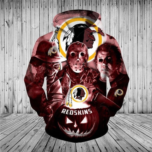 Men's Washington Redskins Zip Up Hoodies 3D Sweatshirt Horror