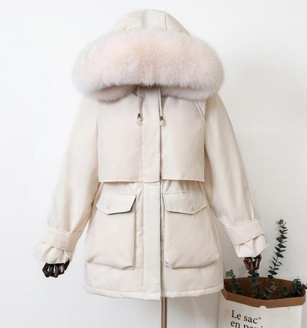 Winter Hooded Jacket Thick Warm Parkas Female Outerwear Large Natural Raccoon