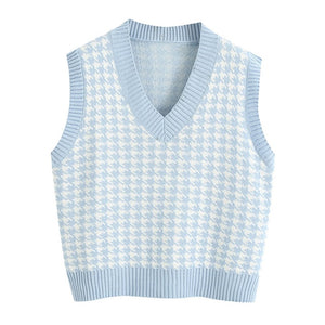 Women 2020 Fashion Oversized Houndstooth Knitted Vest Sweater Vintage Sleeveless