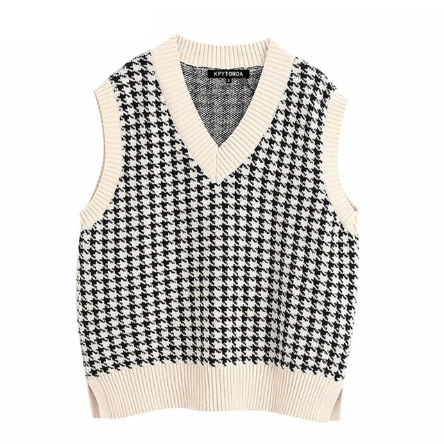 Women 2020 Fashion Oversized Houndstooth Knitted Vest Sweater Vintage Sleeveless