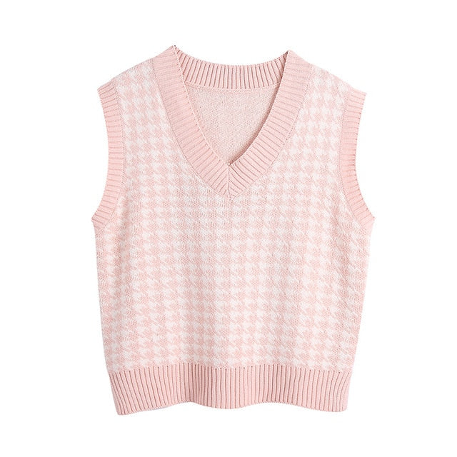 Women 2020 Fashion Oversized Houndstooth Knitted Vest Sweater Vintage Sleeveless