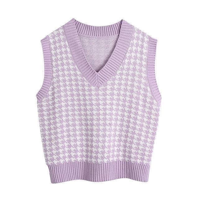 Women 2020 Fashion Oversized Houndstooth Knitted Vest Sweater Vintage Sleeveless